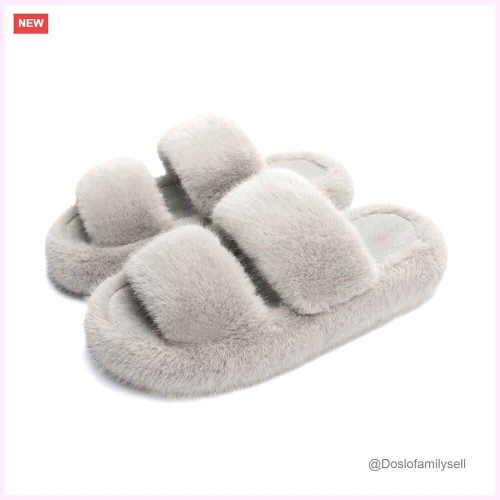Memory Foam Faux Fur Slippers Open Toe House Shoes Women's Size
